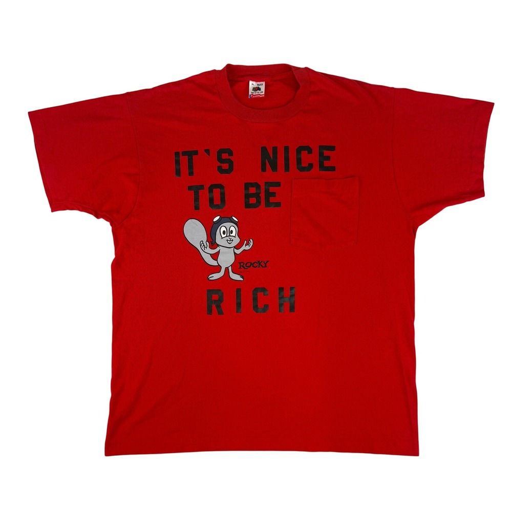 Vintage Rocky Squirrel‎ T-Shirt Mens XL Red Selvage Pocket Tee Single Stitch